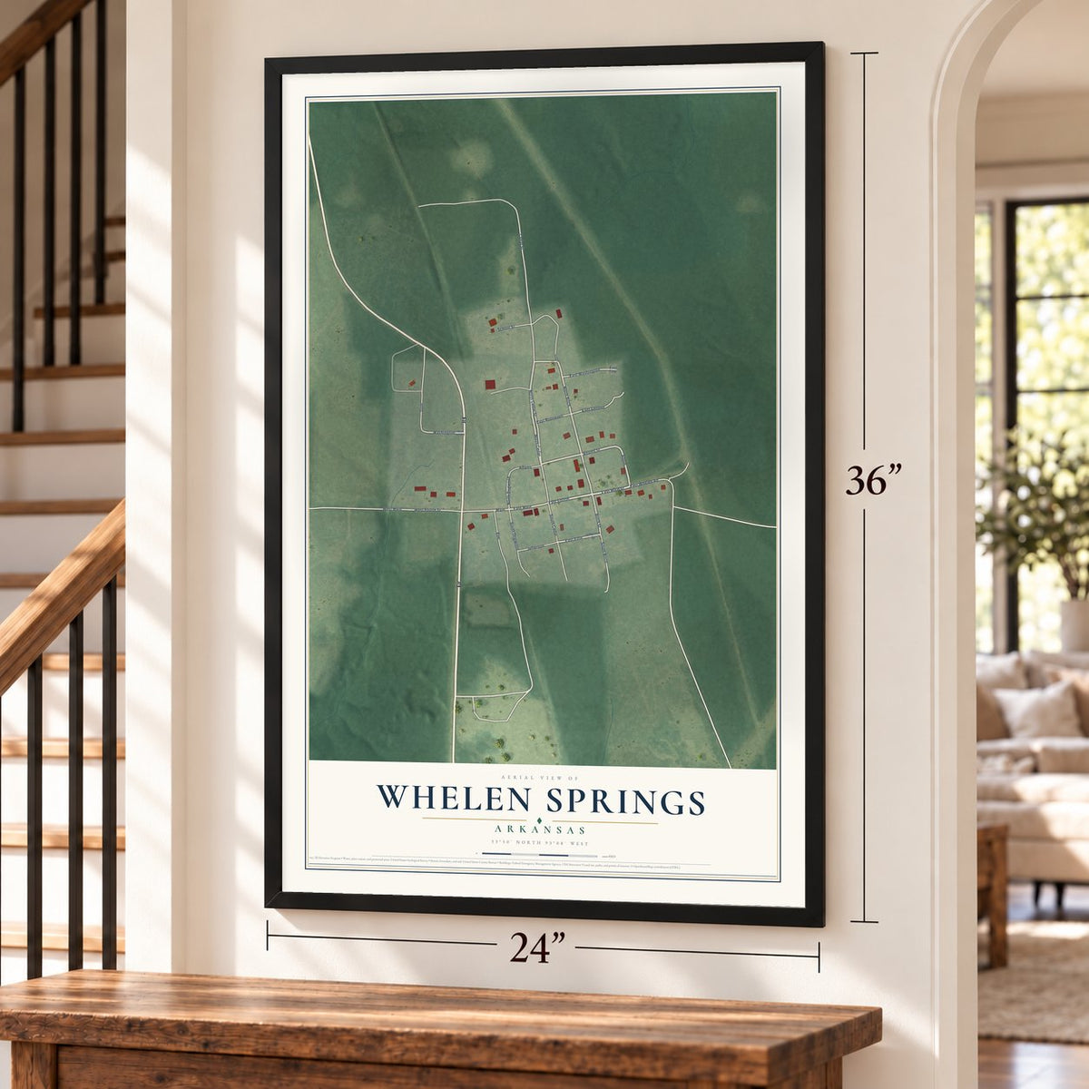 Whelen Springs, Arkansas map, 24 x 36 inch print in a black frame by a staircase