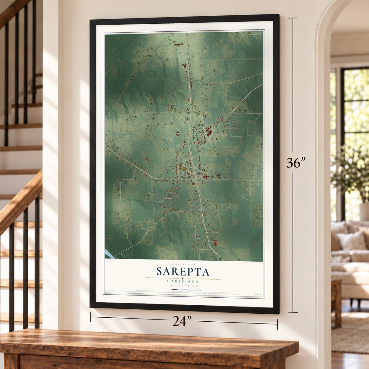 Sarepta, Louisiana map, 24 x 36 inch print in a black frame by a staircase
