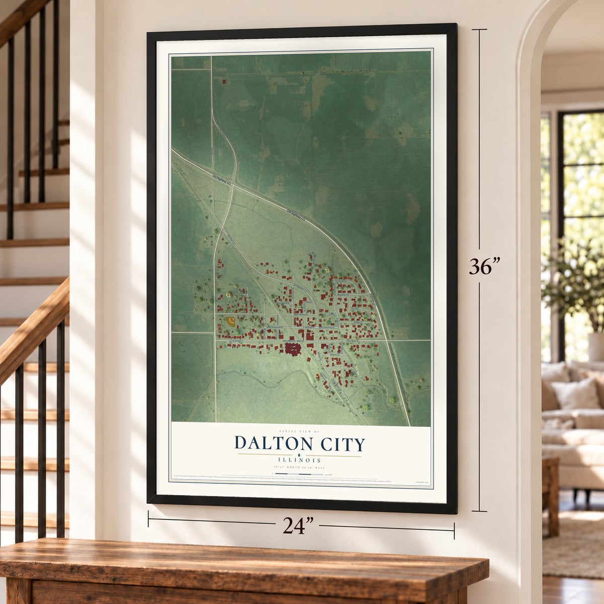 Dalton City, Illinois map, 24 x 36 inch print in a black frame by a staircase