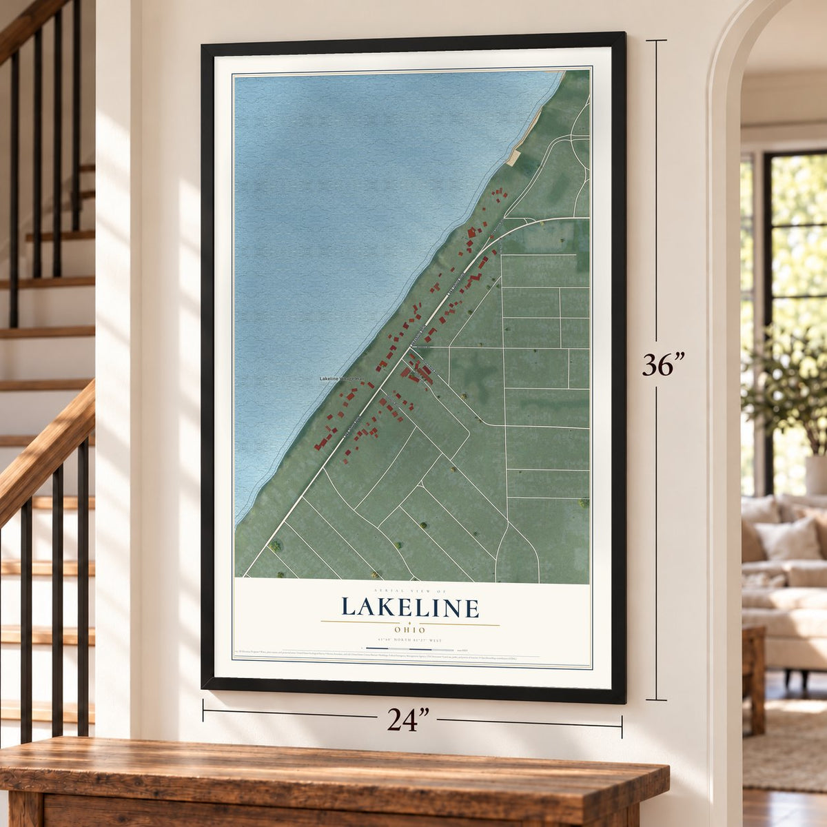Lakeline, Ohio map, 24 x 36 inch print in a black frame by a staircase