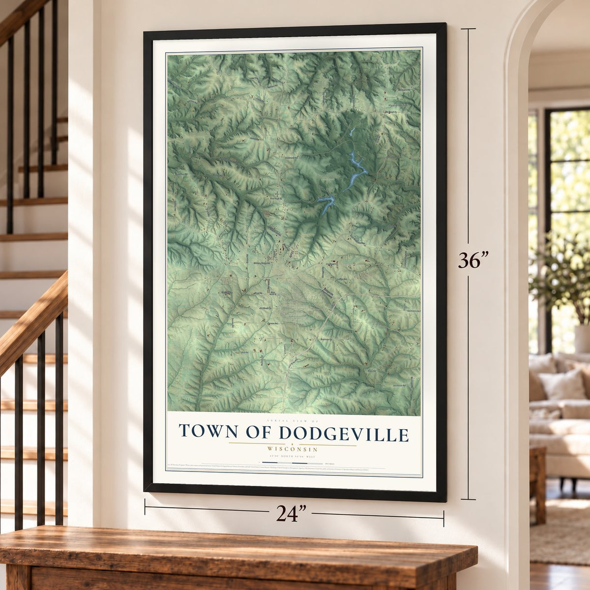 Town of Dodgeville, Wisconsin map, 24 x 36 inch print in a black frame by a staircase