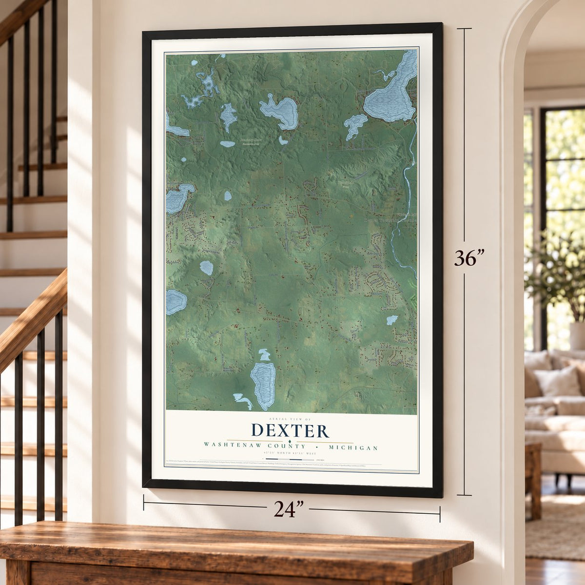 Dexter, Washtenaw County, Michigan map, 24 x 36 inch print in a black frame by a staircase