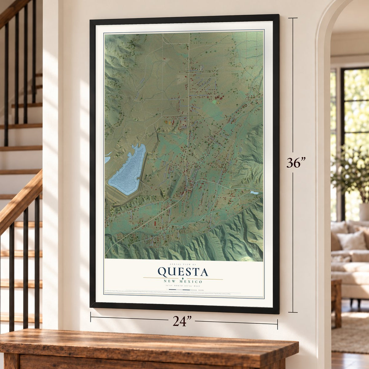 Questa, New Mexico map, 24 x 36 inch print in a black frame by a staircase