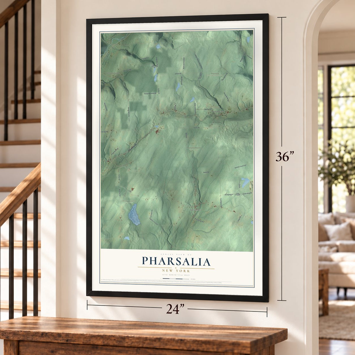 Pharsalia, New York map, 24 x 36 inch print in a black frame by a staircase