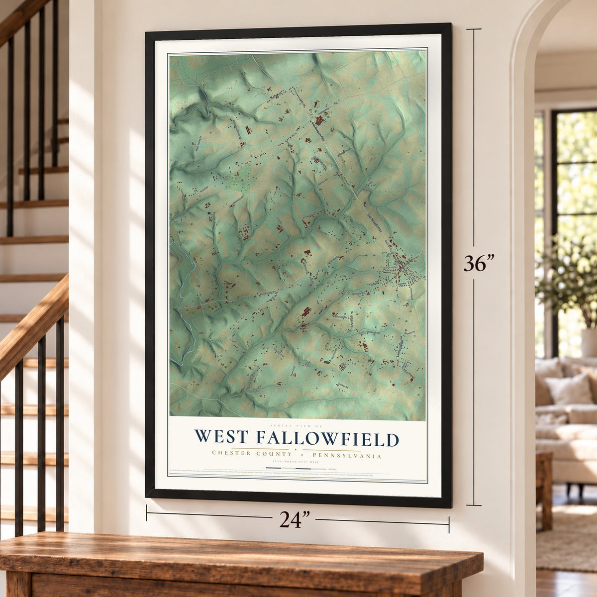 West Fallowfield, Chester County, Pennsylvania map, 24 x 36 inch print in a black frame by a staircase