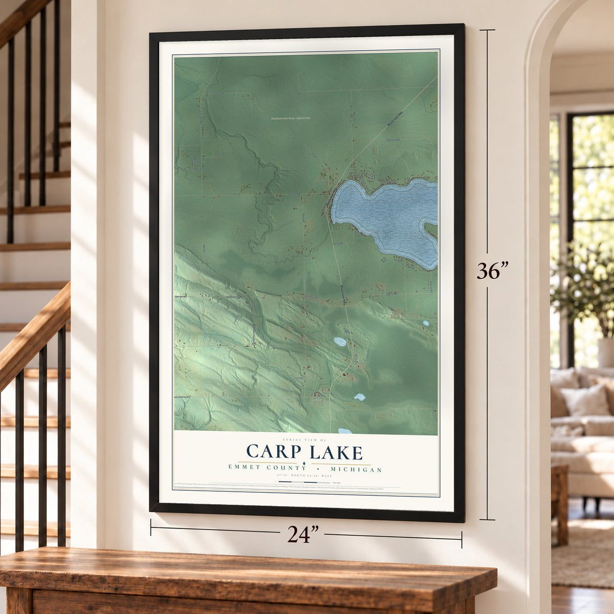 Carp Lake, Emmet County, Michigan map, 24 x 36 inch print in a black frame by a staircase