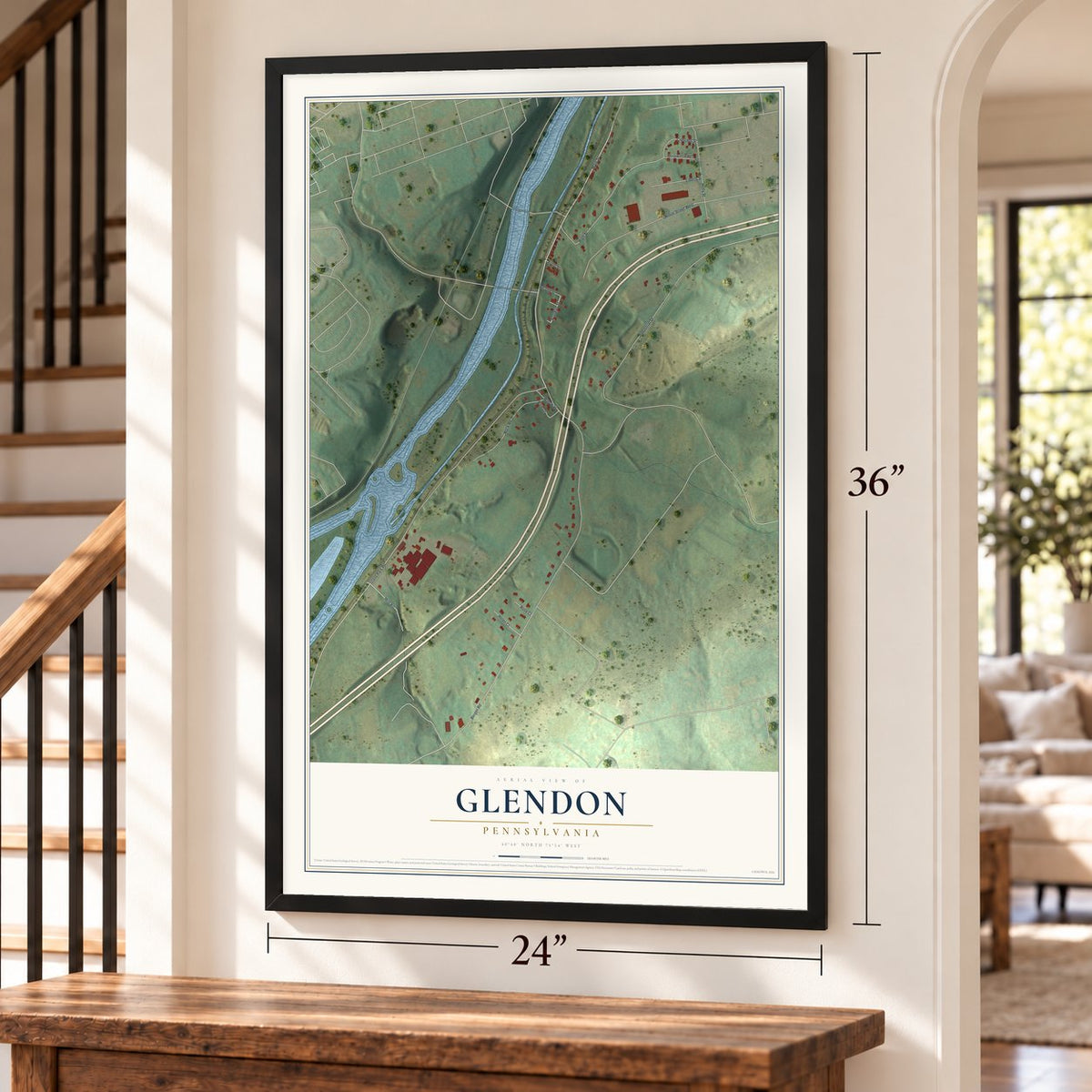 Glendon, Pennsylvania map, 24 x 36 inch print in a black frame by a staircase