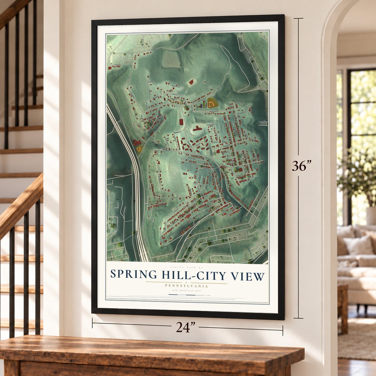 Spring Hill-City View, Pennsylvania map, 24 x 36 inch print in a black frame by a staircase