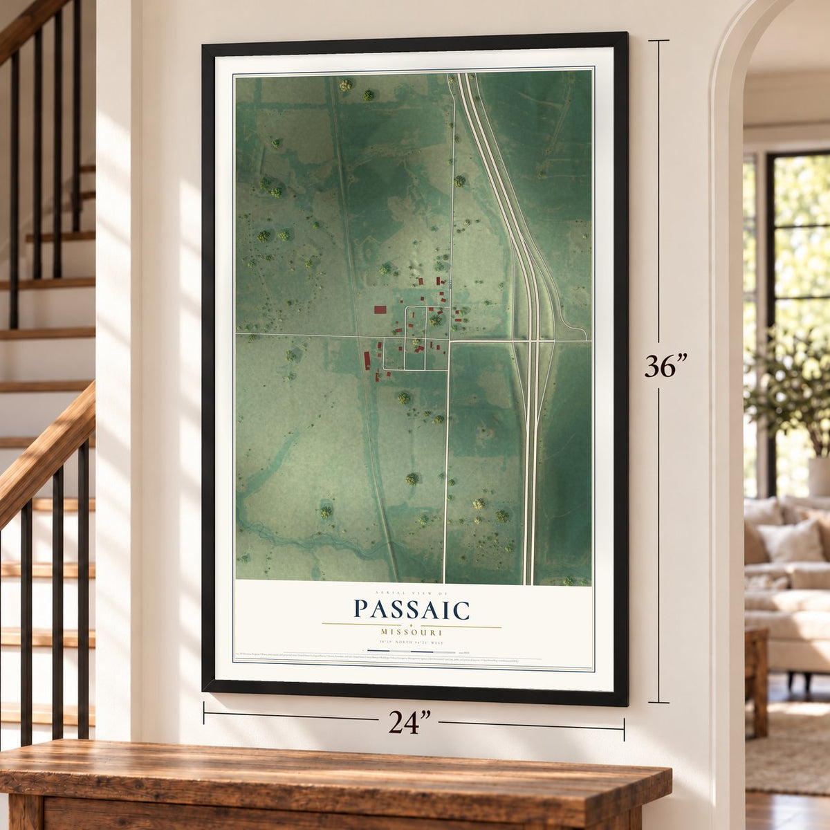 Passaic, Missouri map, 24 x 36 inch print in a black frame by a staircase