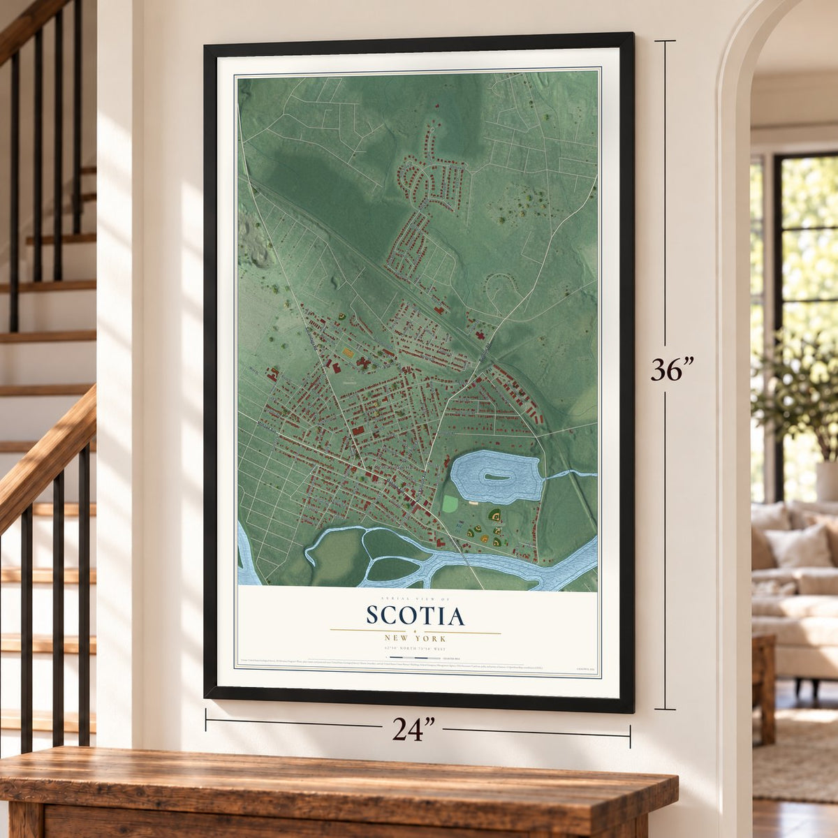 Scotia, New York map, 24 x 36 inch print in a black frame by a staircase