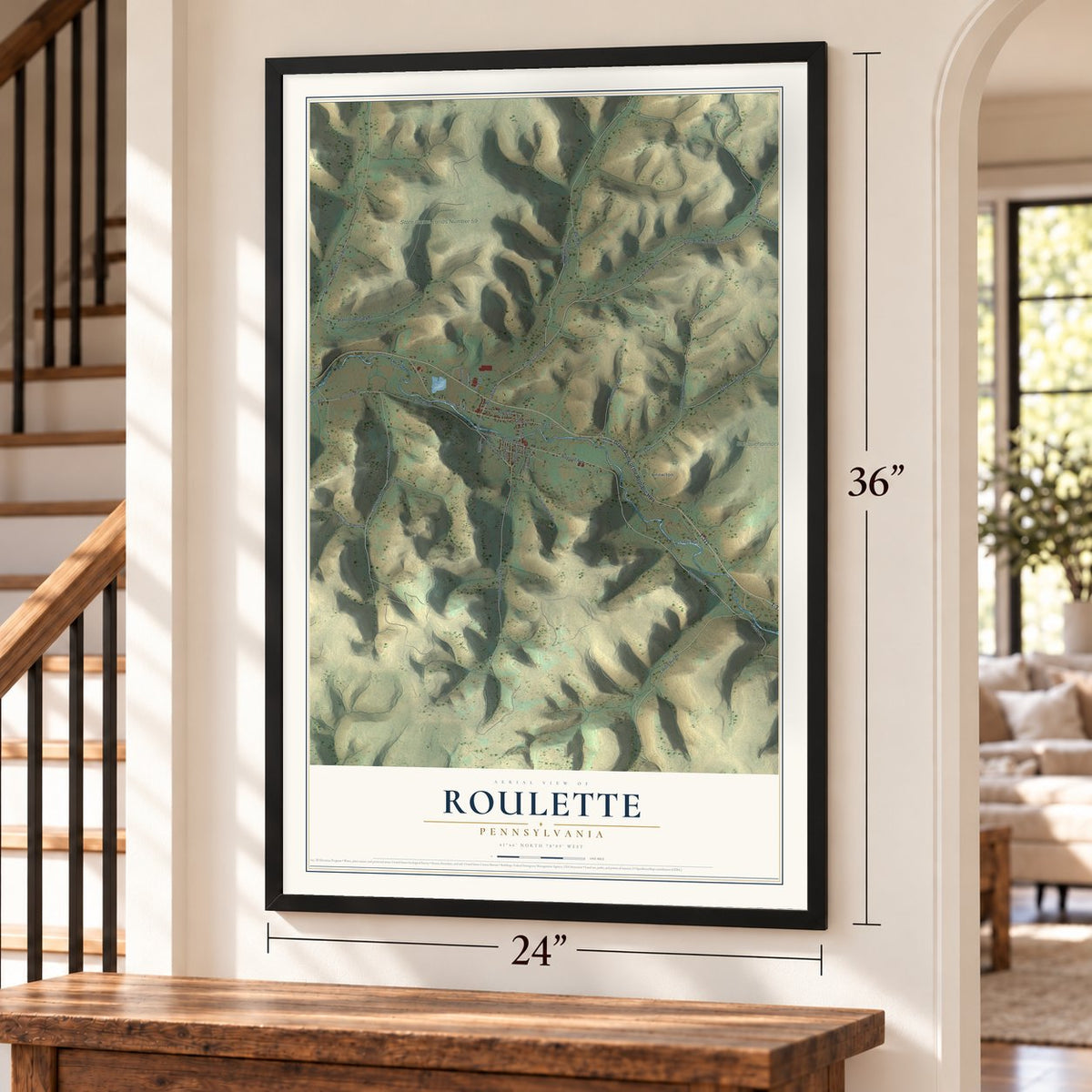 Roulette, Pennsylvania map, 24 x 36 inch print in a black frame by a staircase
