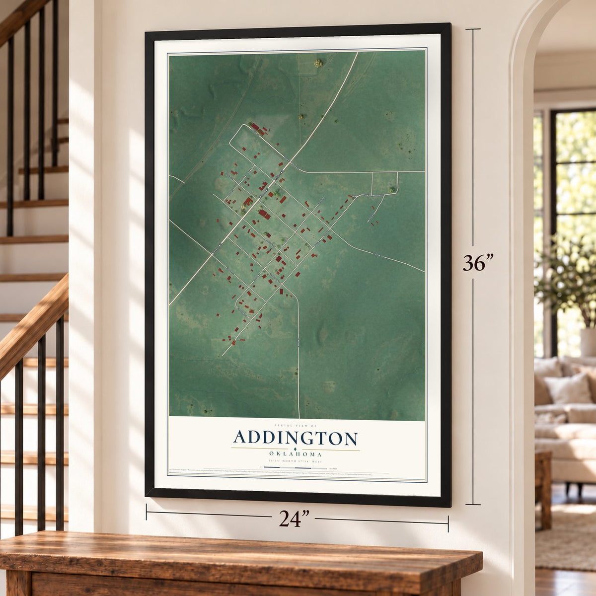 Addington, Oklahoma map, 24 x 36 inch print in a black frame by a staircase