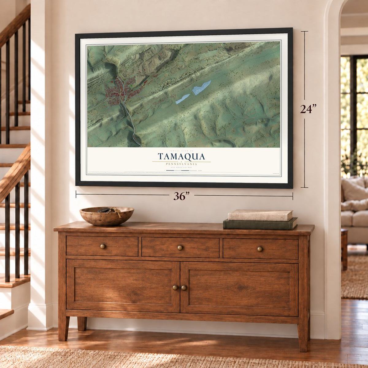 Tamaqua, Pennsylvania map, 24 x 36 inch print in a black frame above a dresser by a staircase