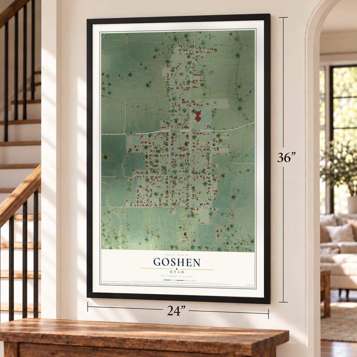 Goshen, Utah map, 24 x 36 inch print in a black frame by a staircase