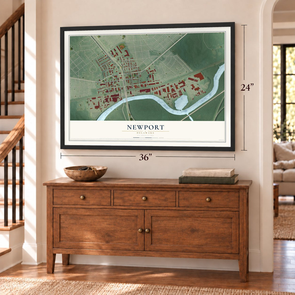 Newport, Delaware map, 24 x 36 inch print in a black frame above a dresser by a staircase