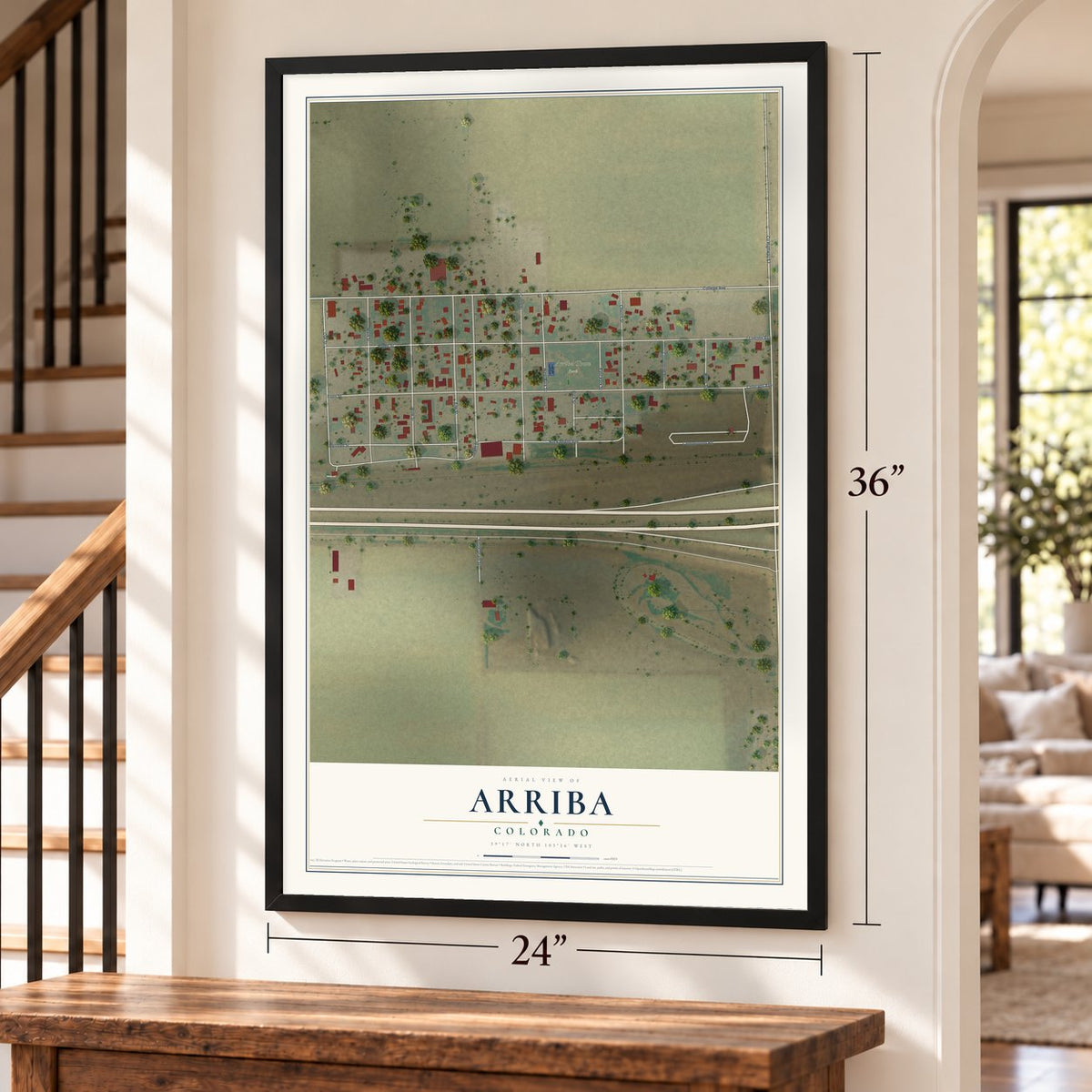 Arriba, Colorado map, 24 x 36 inch print in a black frame by a staircase