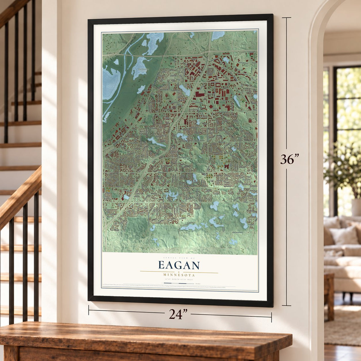 Eagan, Minnesota map, 24 x 36 inch print in a black frame by a staircase