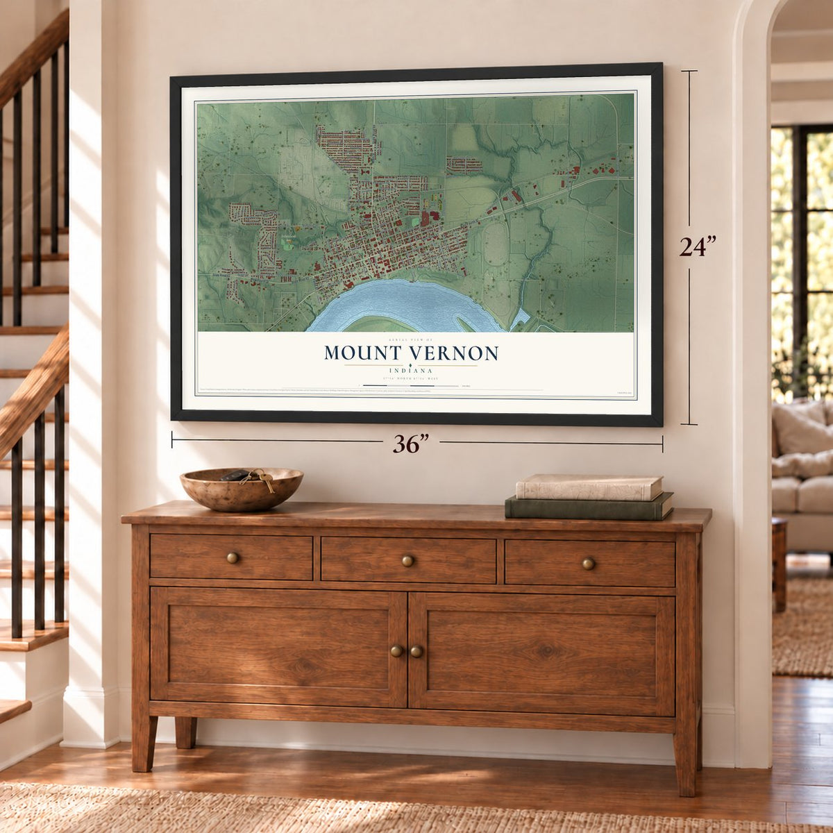 Mount Vernon, Indiana map, 24 x 36 inch print in a black frame above a dresser by a staircase