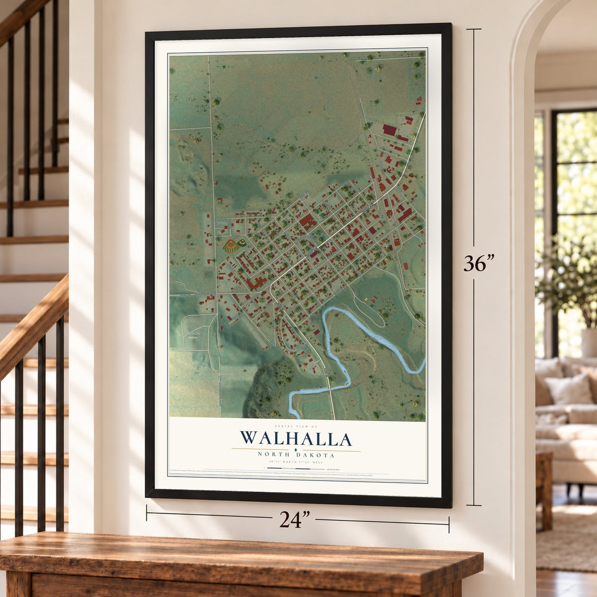Walhalla, North Dakota map, 24 x 36 inch print in a black frame by a staircase
