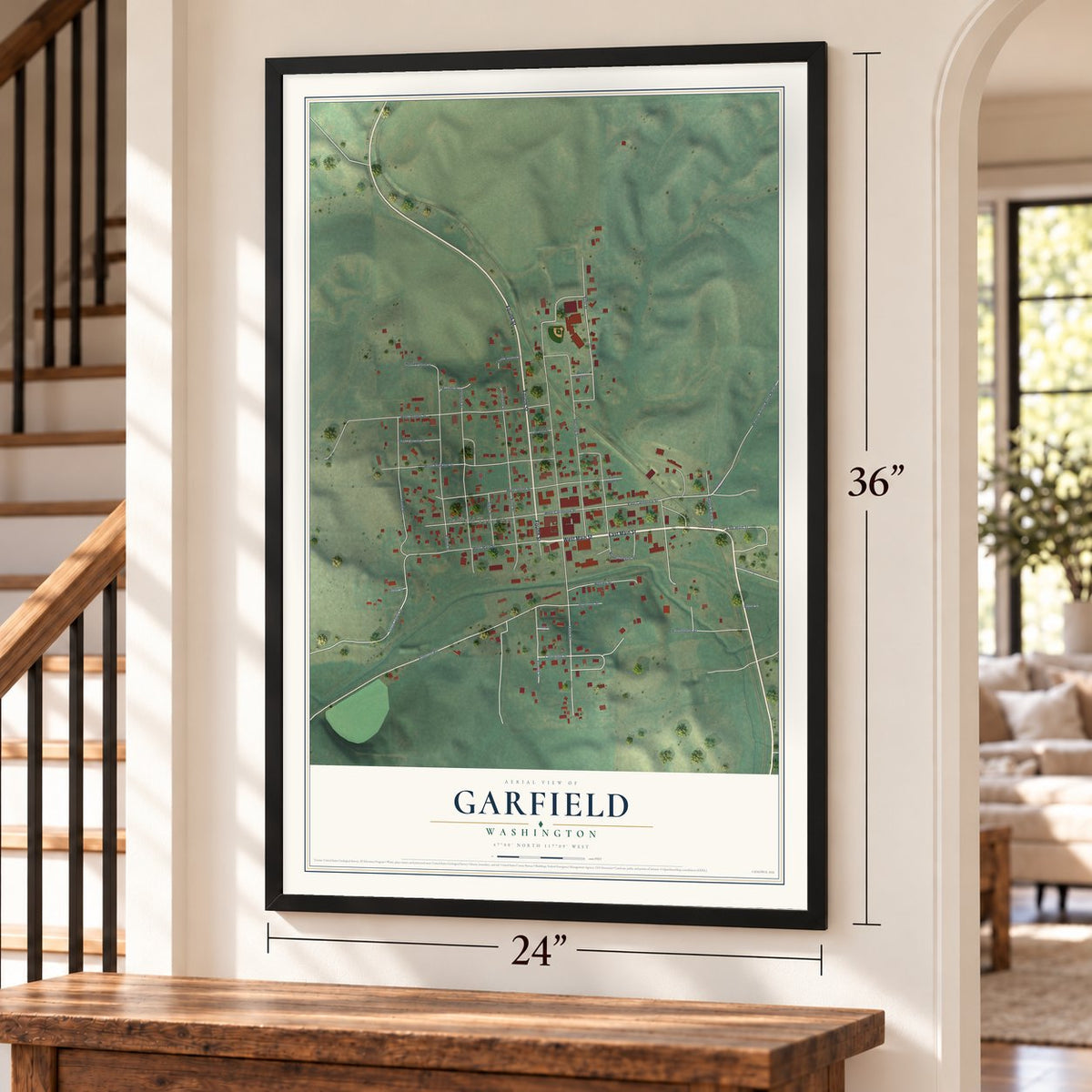 Garfield, Washington map, 24 x 36 inch print in a black frame by a staircase