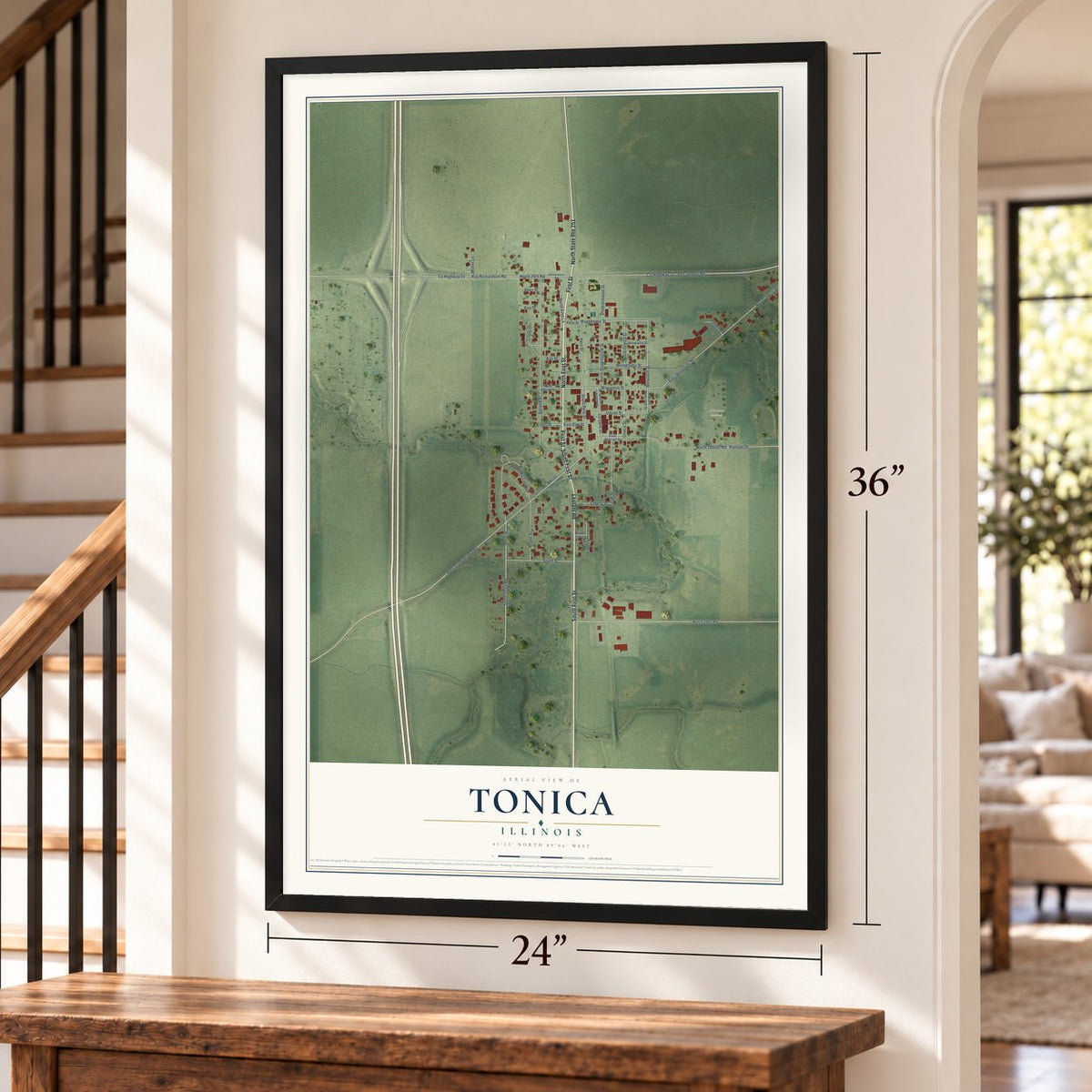 Tonica, Illinois map, 24 x 36 inch print in a black frame by a staircase