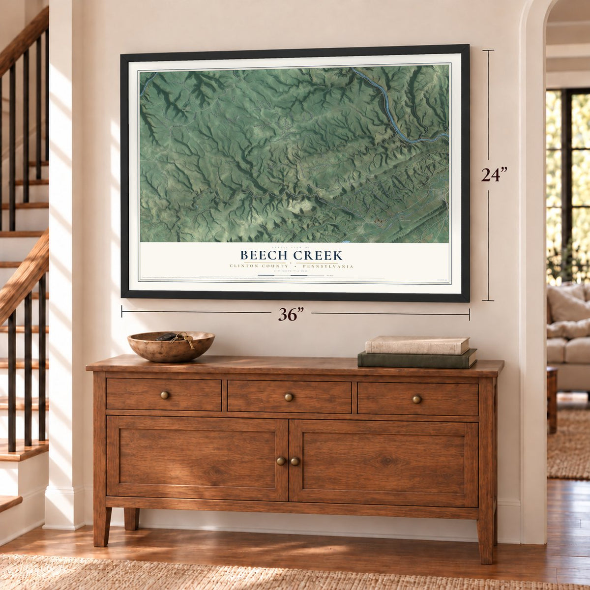 Beech Creek, Clinton County, Pennsylvania map, 24 x 36 inch print in a black frame above a dresser by a staircase