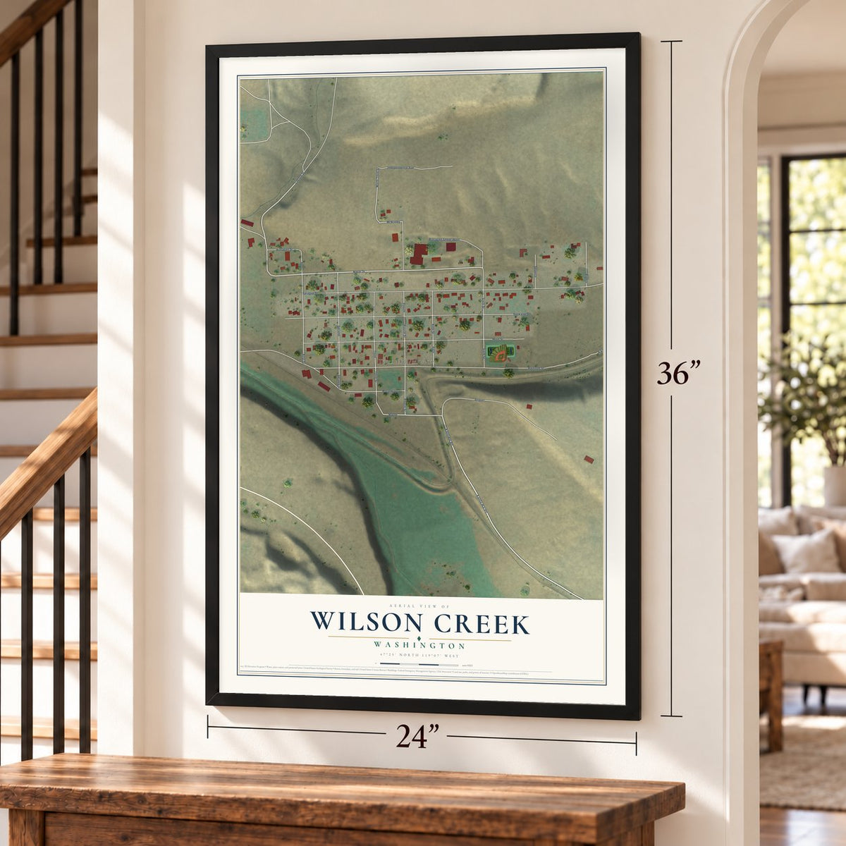 Wilson Creek, Washington map, 24 x 36 inch print in a black frame by a staircase
