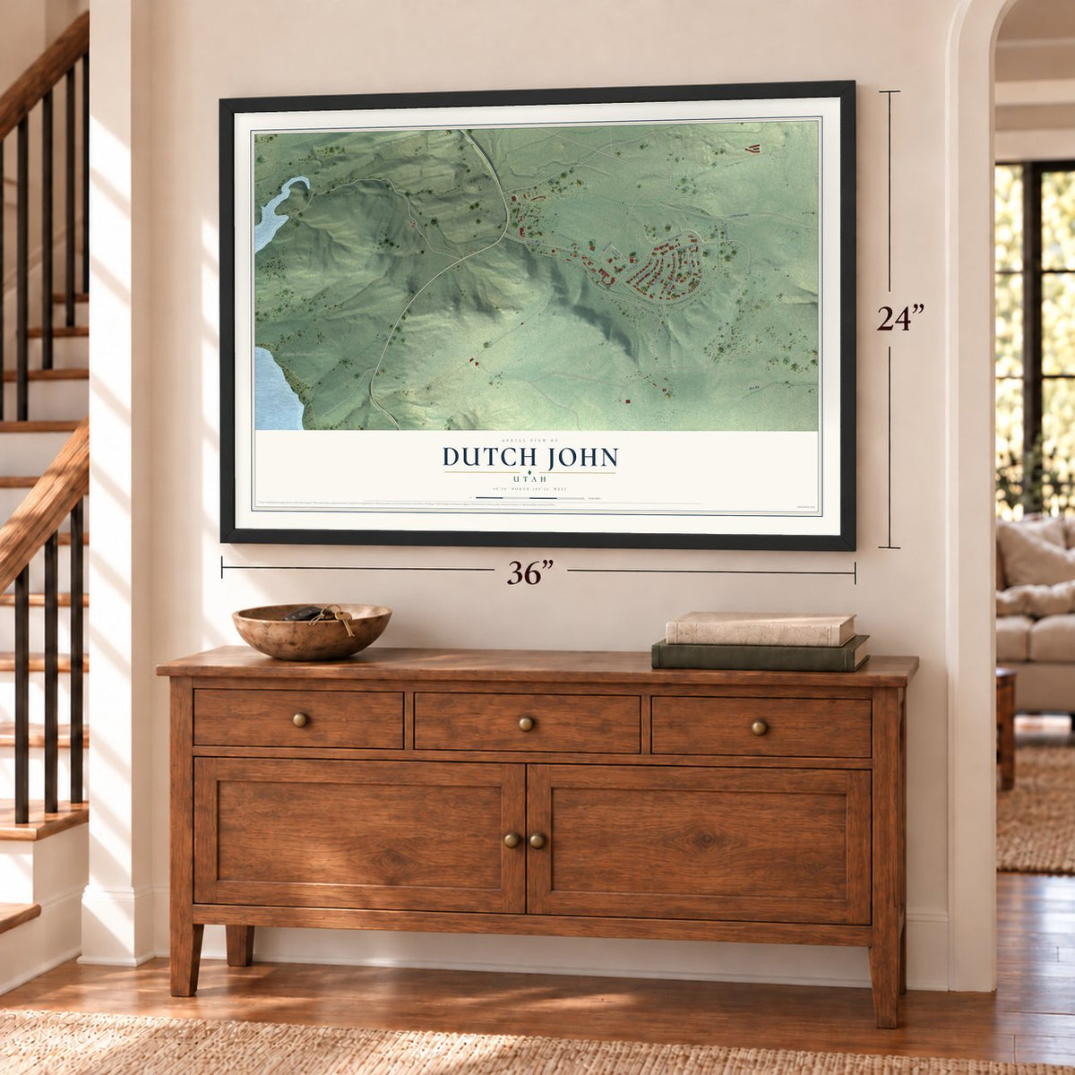 Dutch John, Utah map, 24 x 36 inch print in a black frame above a dresser by a staircase