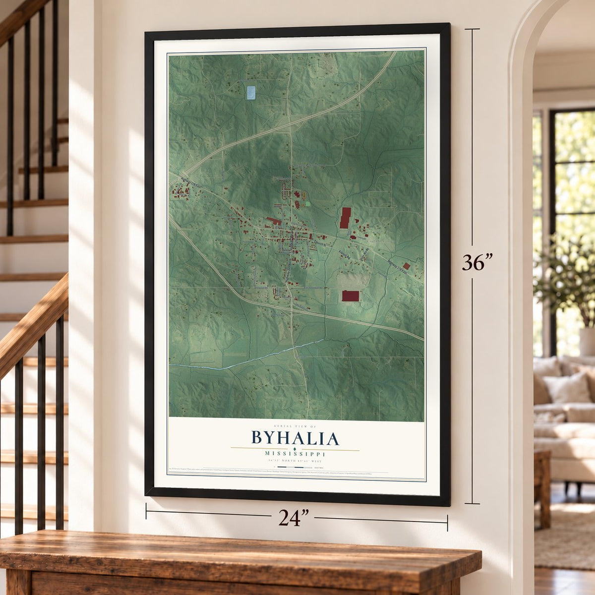 Byhalia, Mississippi map, 24 x 36 inch print in a black frame by a staircase