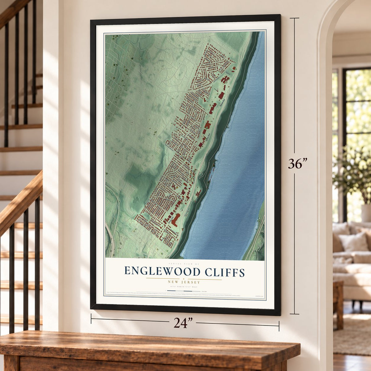 Englewood Cliffs, New Jersey map, 24 x 36 inch print in a black frame by a staircase