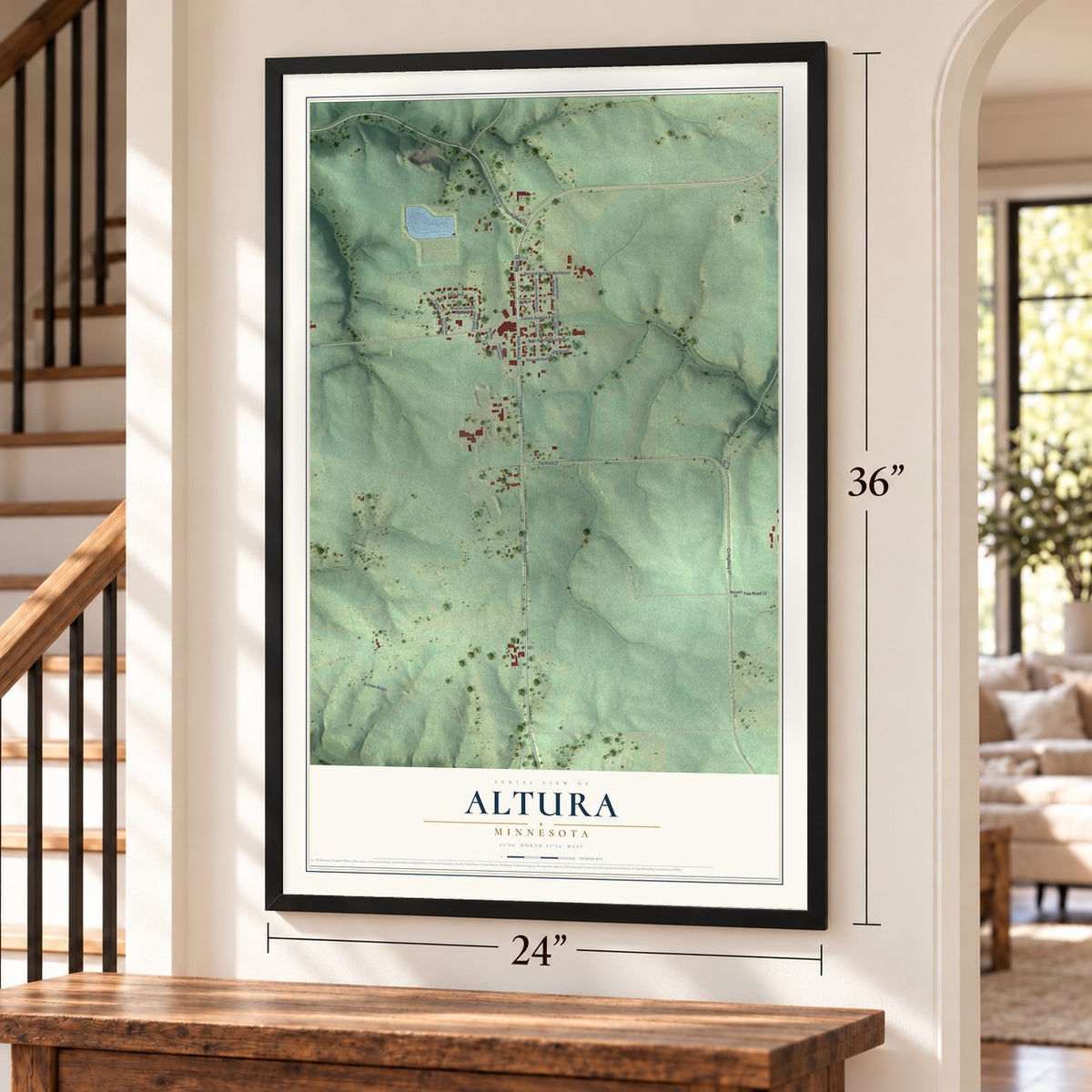 Altura, Minnesota map, 24 x 36 inch print in a black frame by a staircase