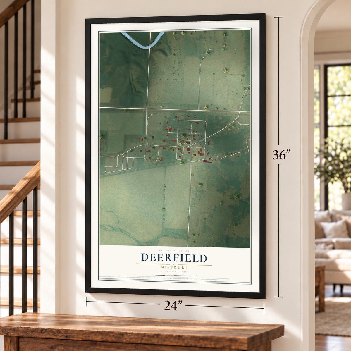 Deerfield, Missouri map, 24 x 36 inch print in a black frame by a staircase
