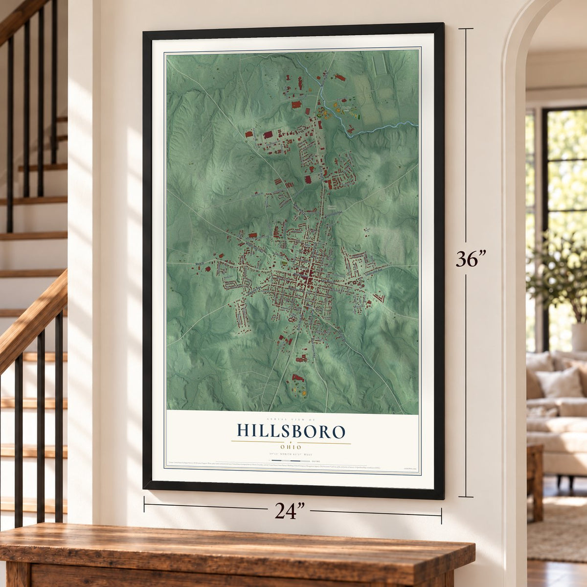 Hillsboro, Ohio map, 24 x 36 inch print in a black frame by a staircase