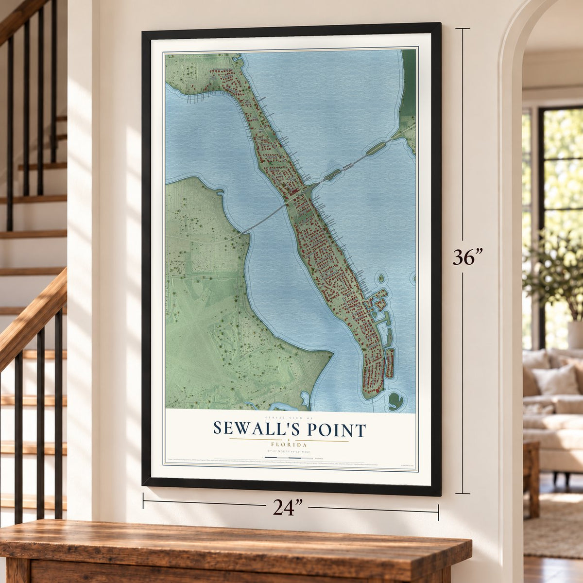 Sewall's Point, Florida map, 24 x 36 inch print in a black frame by a staircase