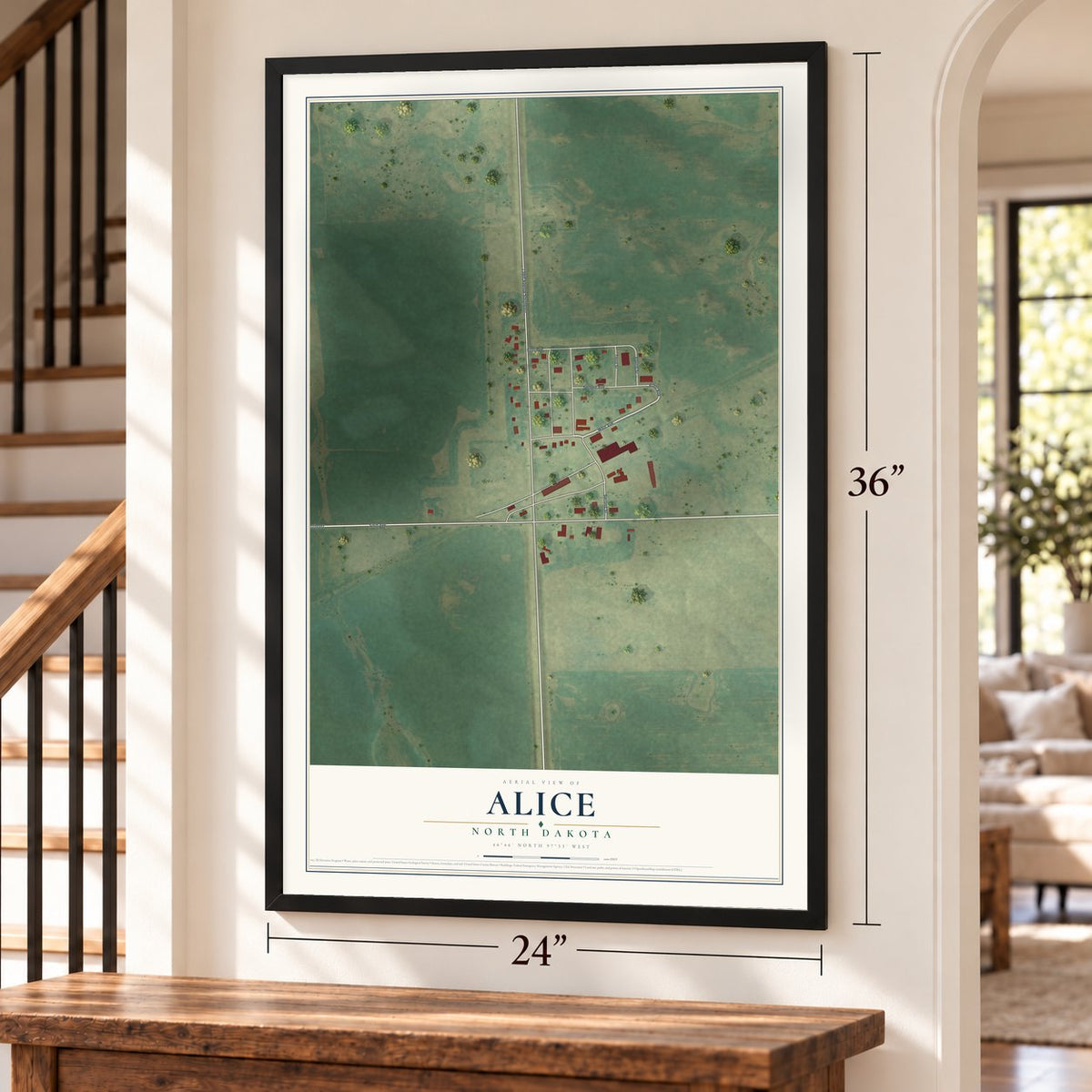 Alice, North Dakota map, 24 x 36 inch print in a black frame by a staircase