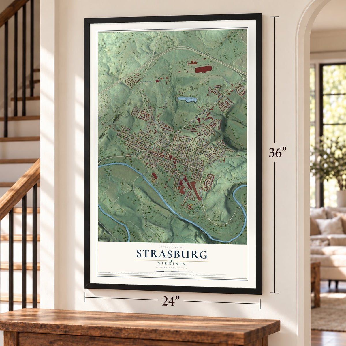 Strasburg, Virginia map, 24 x 36 inch print in a black frame by a staircase