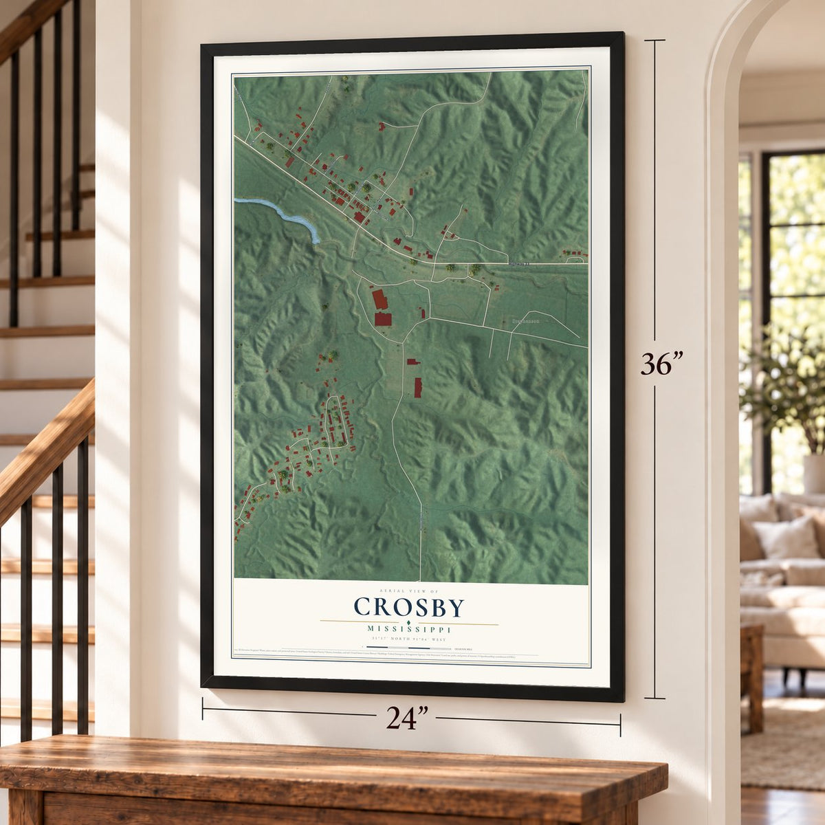 Crosby, Mississippi map, 24 x 36 inch print in a black frame by a staircase