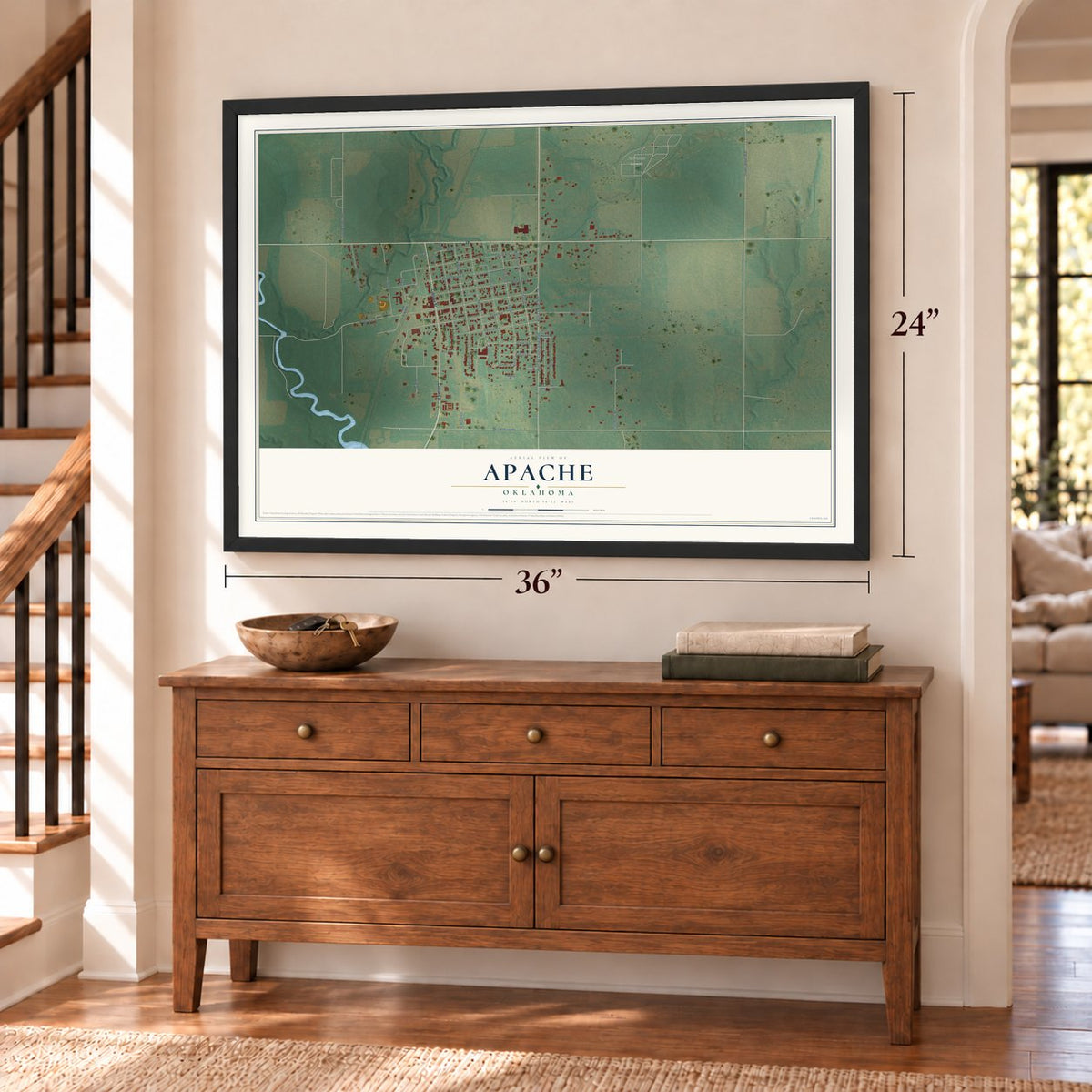 Apache, Oklahoma map, 24 x 36 inch print in a black frame above a dresser by a staircase