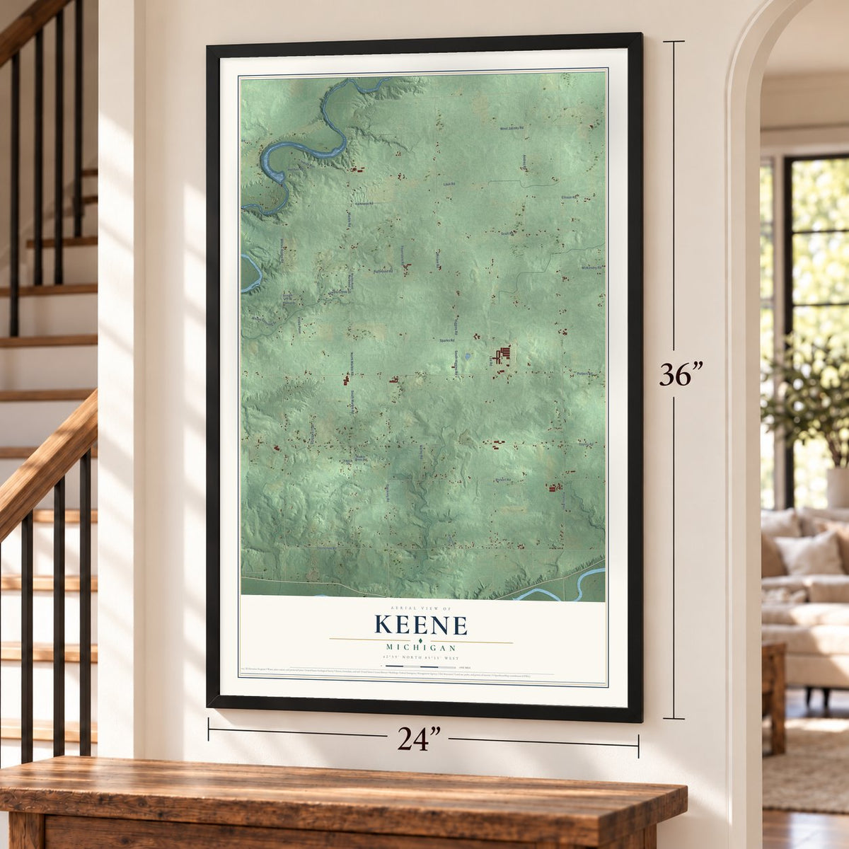 Keene, Michigan map, 24 x 36 inch print in a black frame by a staircase