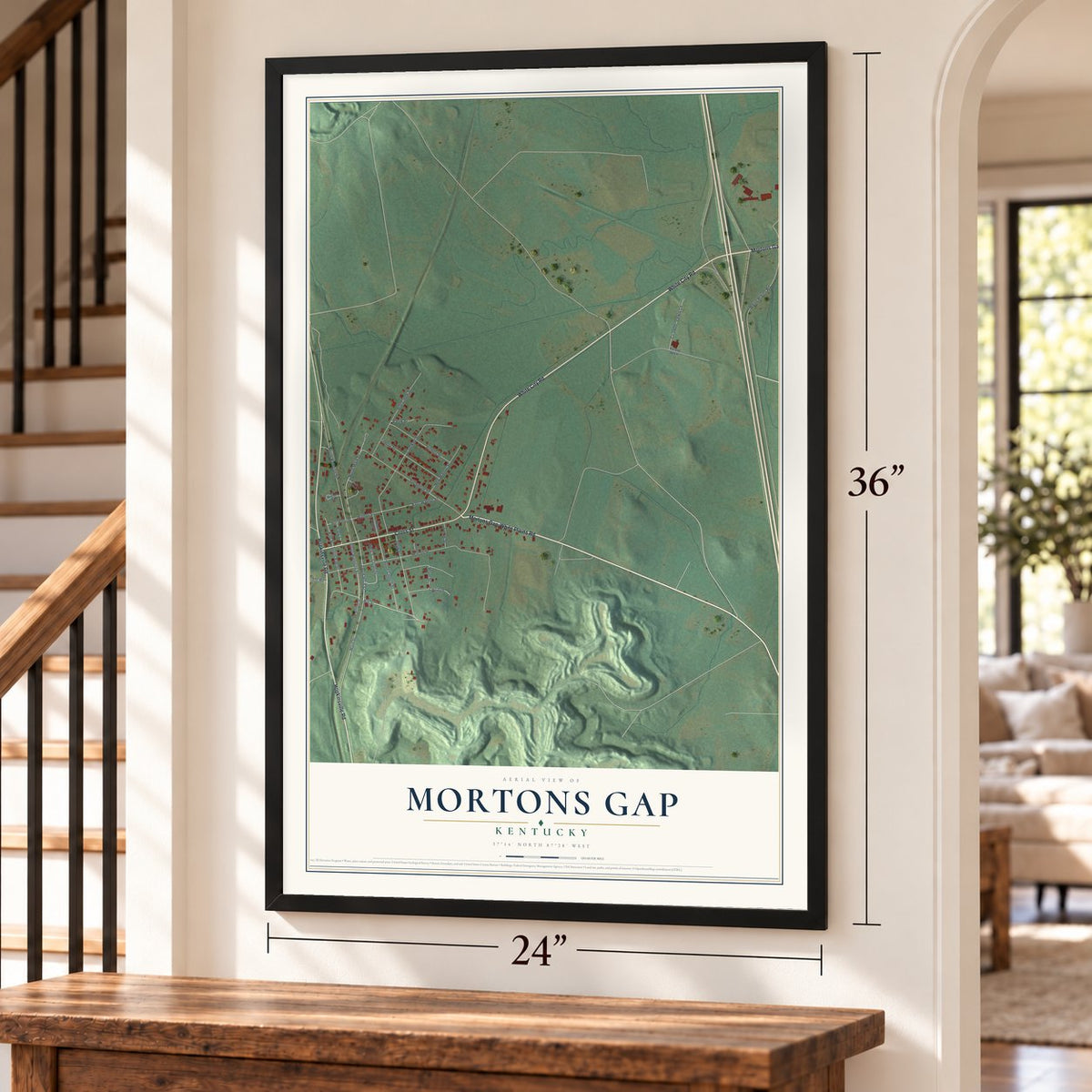 Mortons Gap, Kentucky map, 24 x 36 inch print in a black frame by a staircase