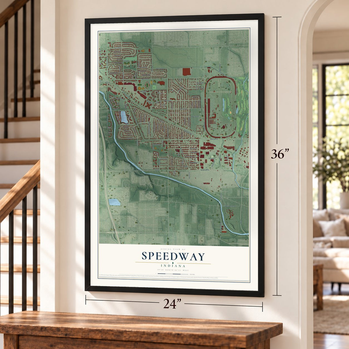 Speedway, Indiana map, 24 x 36 inch print in a black frame by a staircase