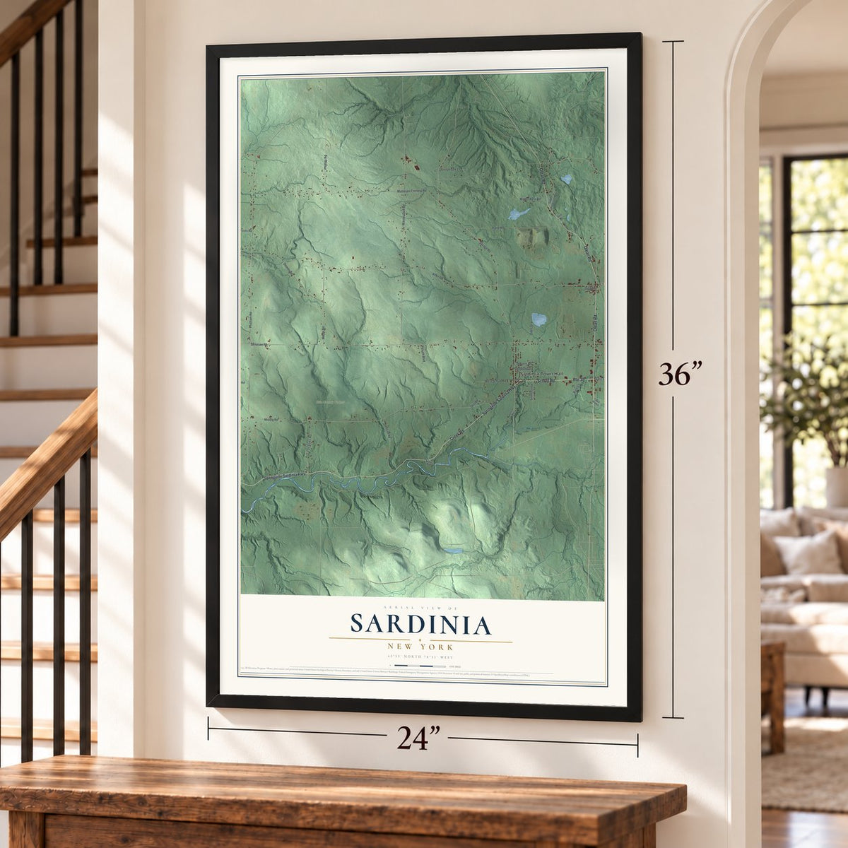 Sardinia, New York map, 24 x 36 inch print in a black frame by a staircase