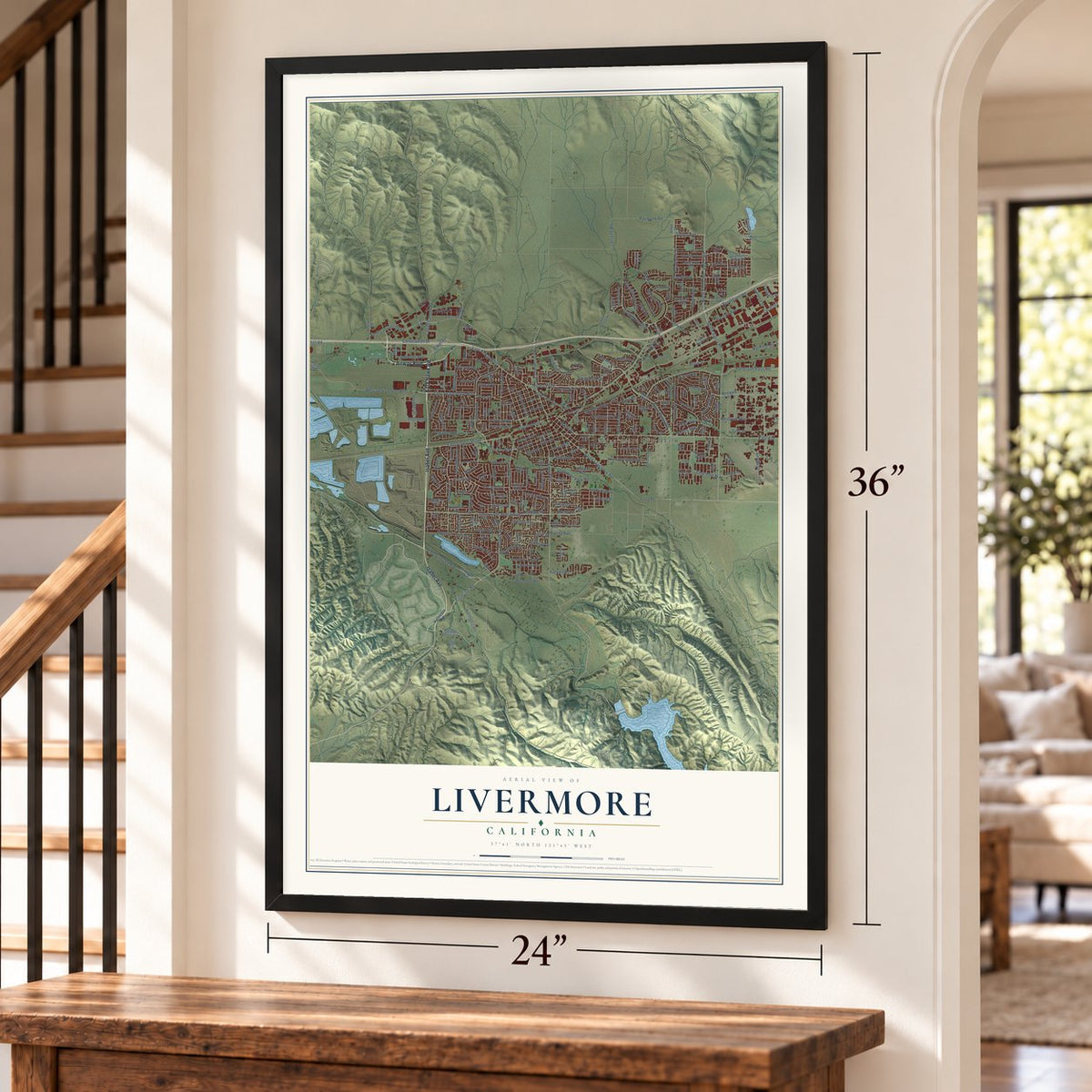 Livermore, California map, 24 x 36 inch print in a black frame by a staircase
