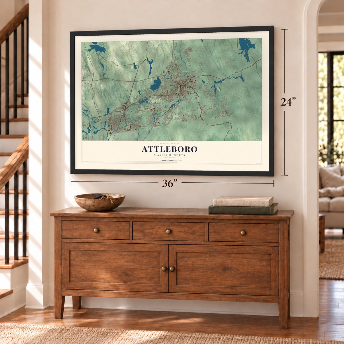 Attleboro, Massachusetts map, 24 x 36 inch print in a black frame above a dresser by a staircase