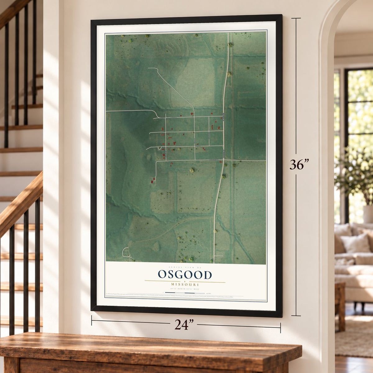 Osgood, Missouri map, 24 x 36 inch print in a black frame by a staircase