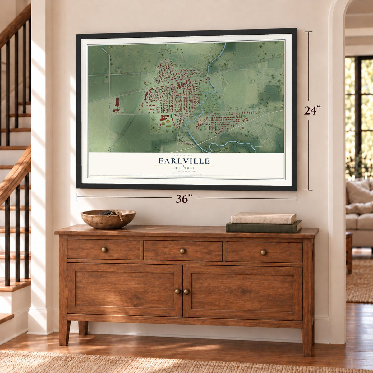 Earlville, Illinois map, 24 x 36 inch print in a black frame above a dresser by a staircase