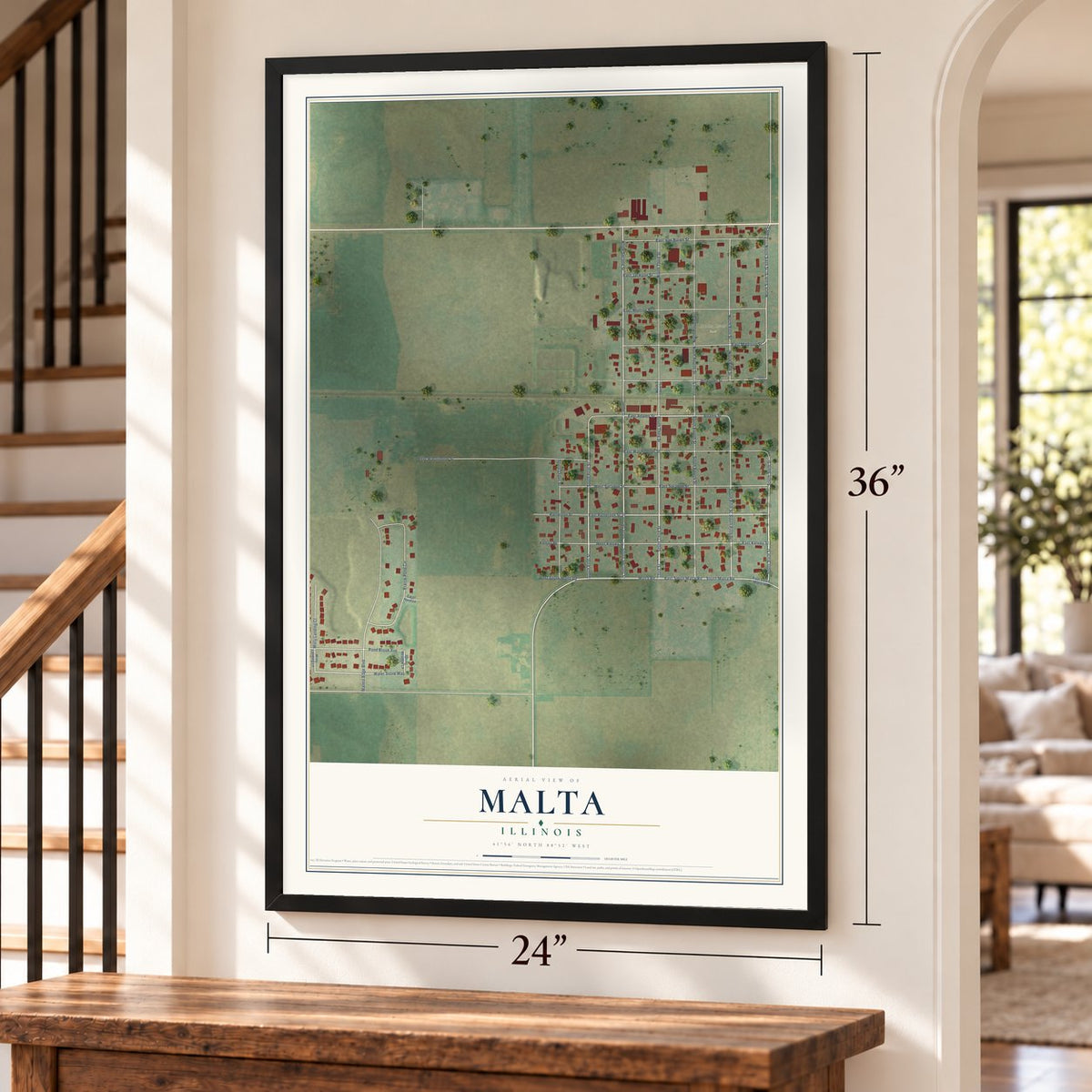 Malta, Illinois map, 24 x 36 inch print in a black frame by a staircase