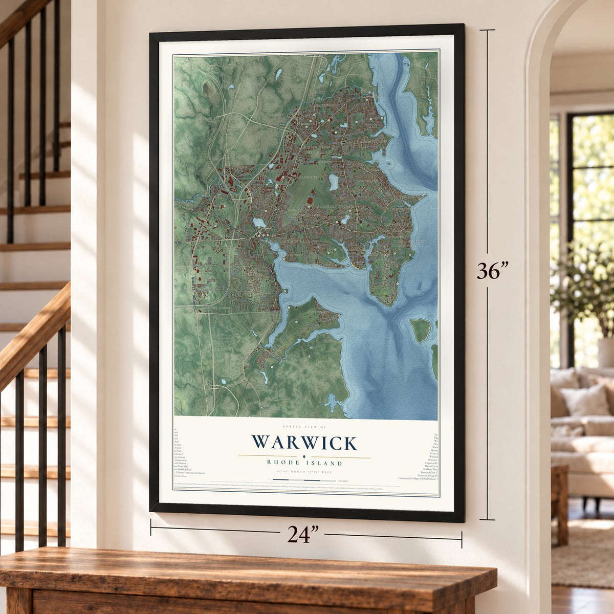 Warwick, Rhode Island map, 24 x 36 inch print in a black frame by a staircase