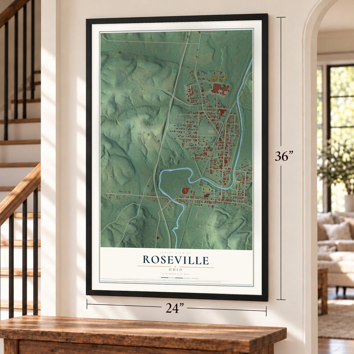 Roseville, Ohio map, 24 x 36 inch print in a black frame by a staircase
