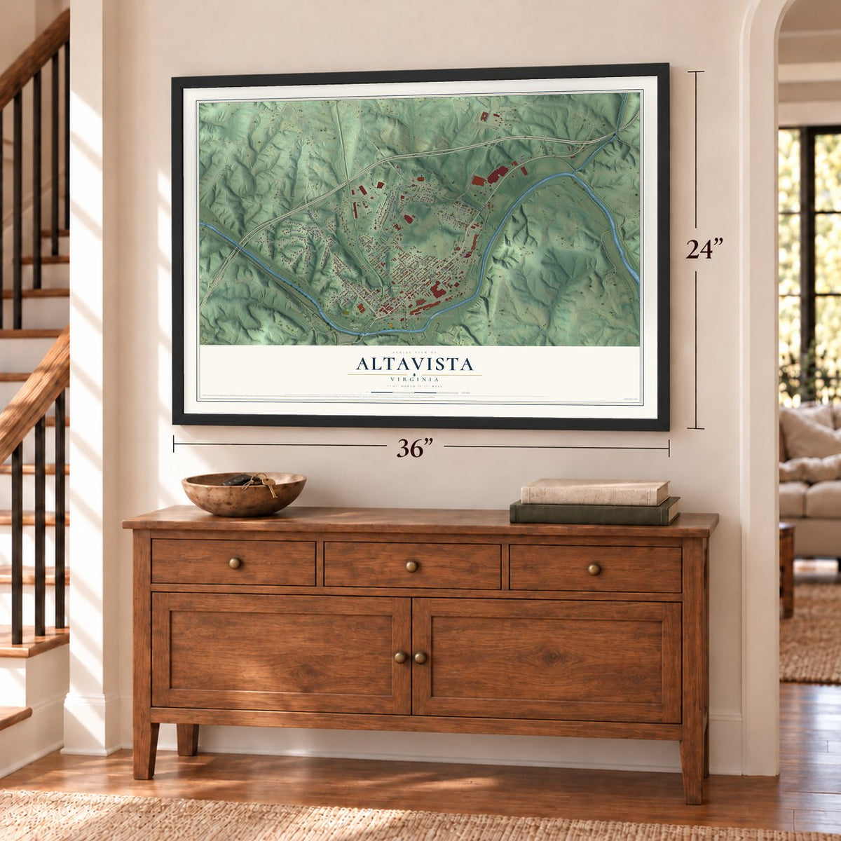 Altavista, Virginia map, 24 x 36 inch print in a black frame above a dresser by a staircase